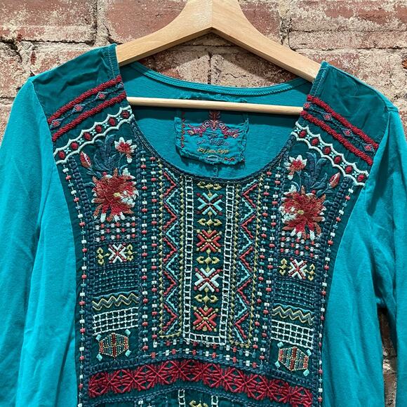 Johnny Was Teal Blue Embroidered Tunic Top Size Medium - Picture 2 of 8